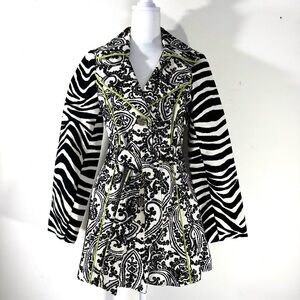 3 Sisters black and white Paisley Brocade Trench Coat Zebra Sleeves Sz Small